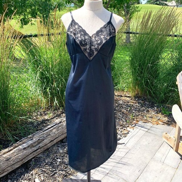 Vintage 90s Eaton Vanity Fair Black Satin Lace Trim Sleeveless Slip Dress - Picture 1 of 11